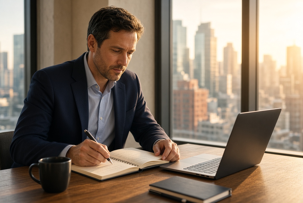 Sales professional writing notes beside a laptop in a city office