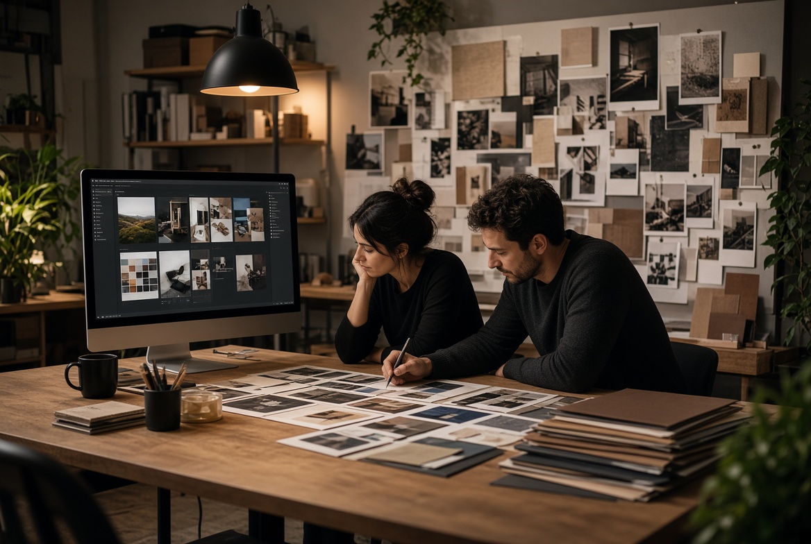 Creative studio team reviewing boards and a large monitor
