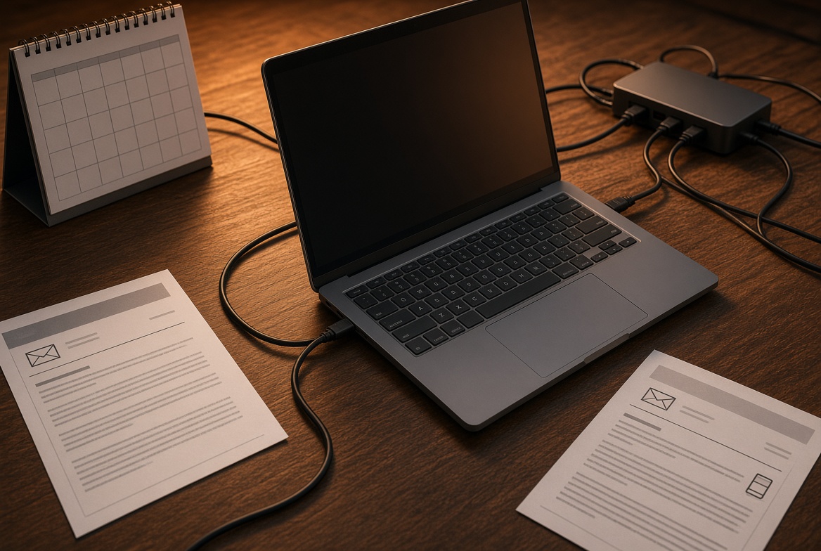 Laptop connected to cables, calendar, and documents representing automated workflows
