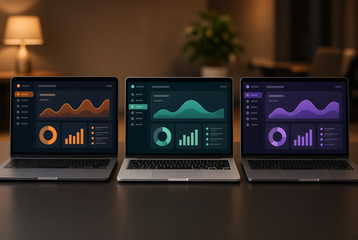Three laptops on a table showing different dashboard color schemes