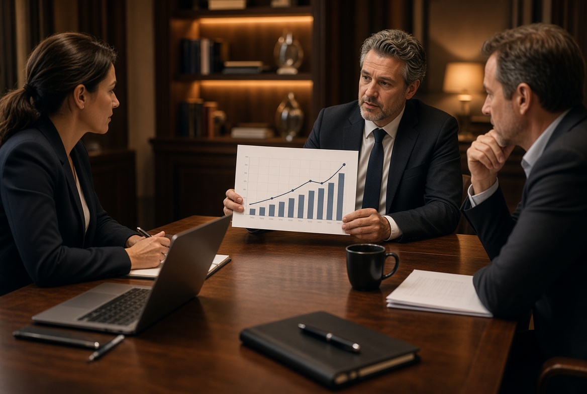 Executives reviewing a printed forecast chart in a boardroom