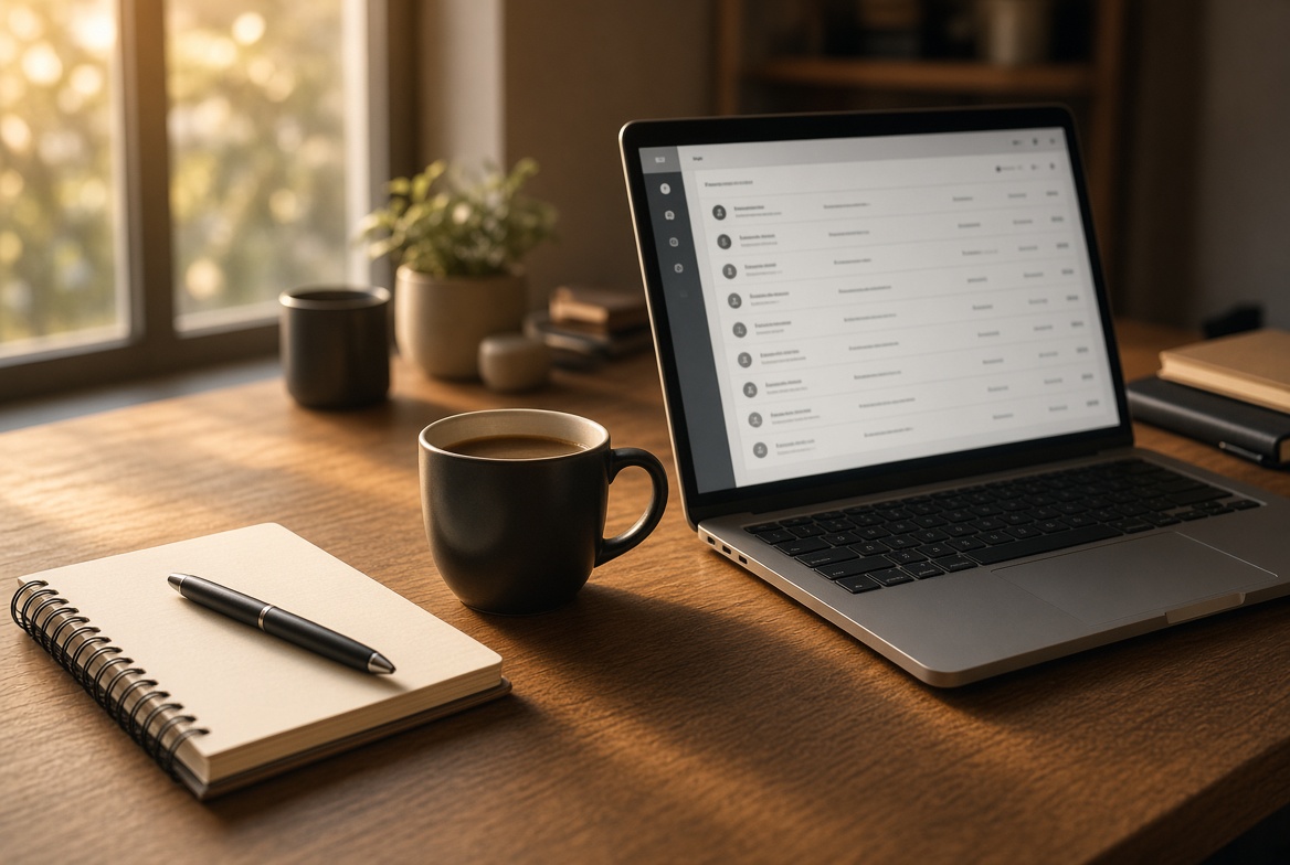 Founder desk with notebook, coffee, and a laptop showing a contact list