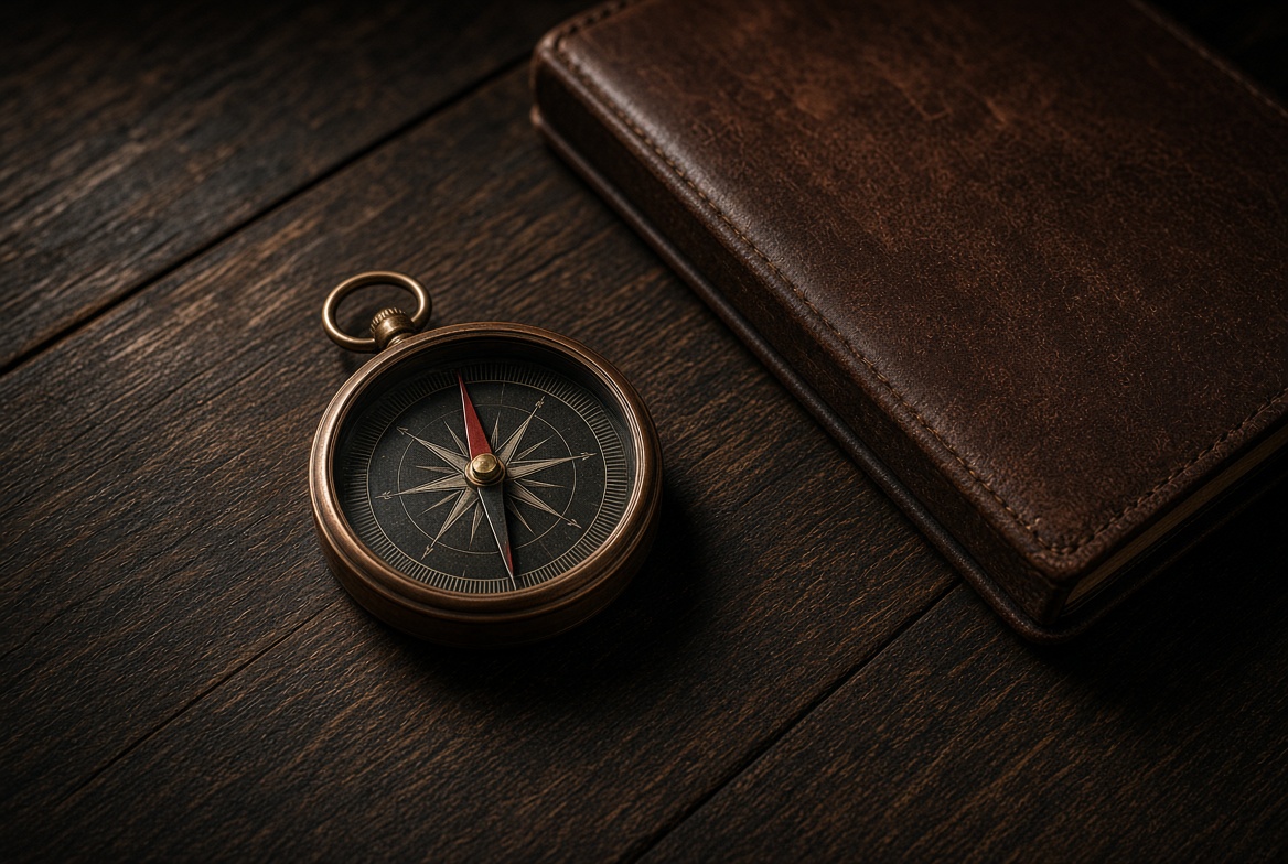 Brass compass and leather notebook on a dark wood table