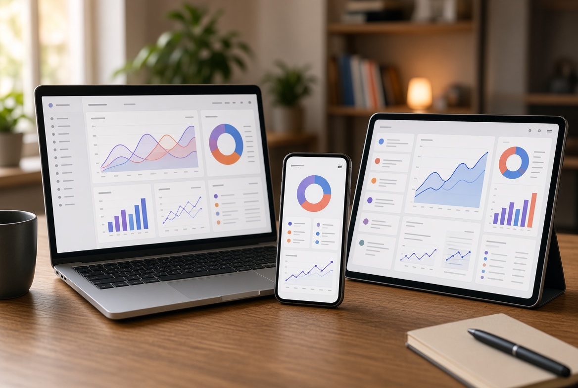 Laptop, phone, and tablet showing connected dashboards on a desk