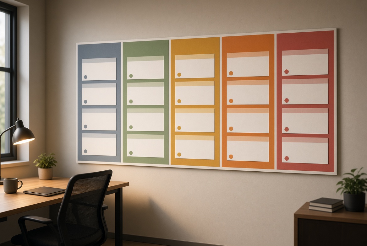 Wall-sized kanban with multiple colored columns