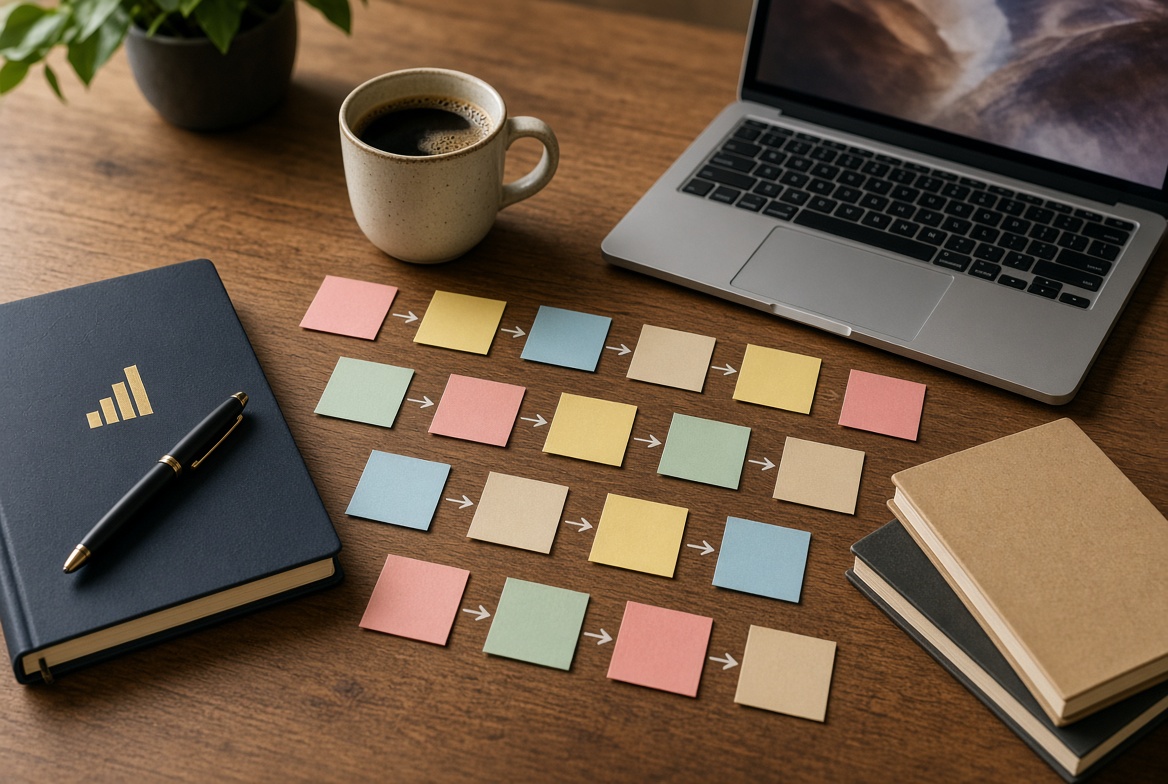 Sticky notes mapping a process on a desk next to a laptop