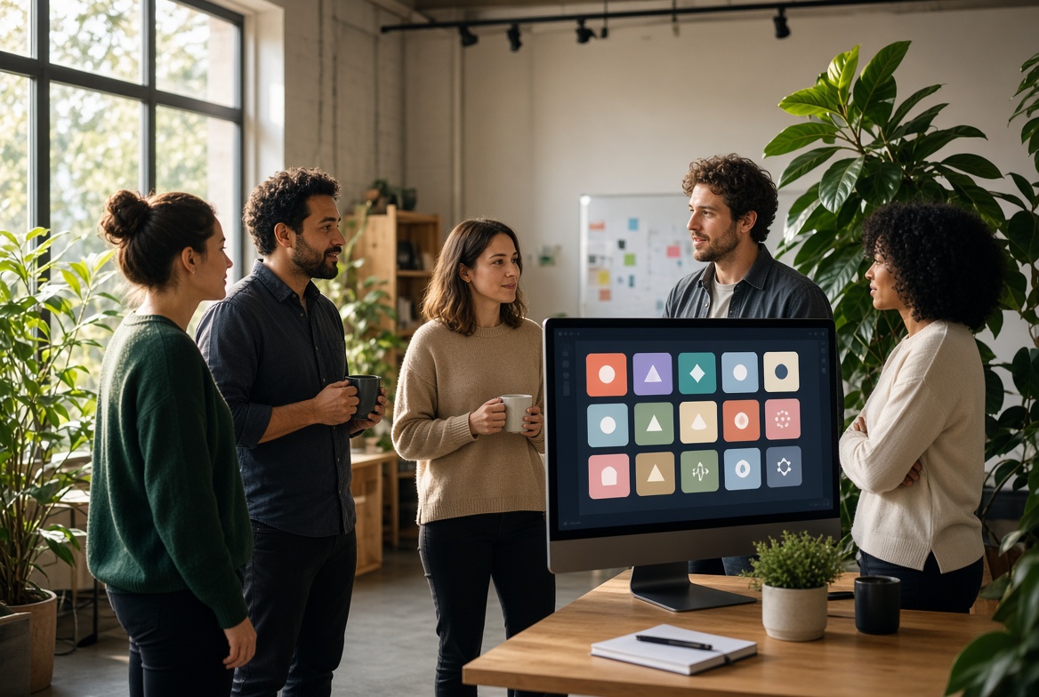 SaaS team standing around a monitor in a bright office