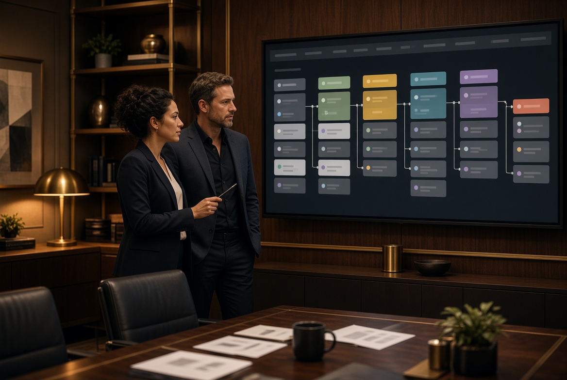 Revenue team reviewing a visual sales pipeline on a large office display