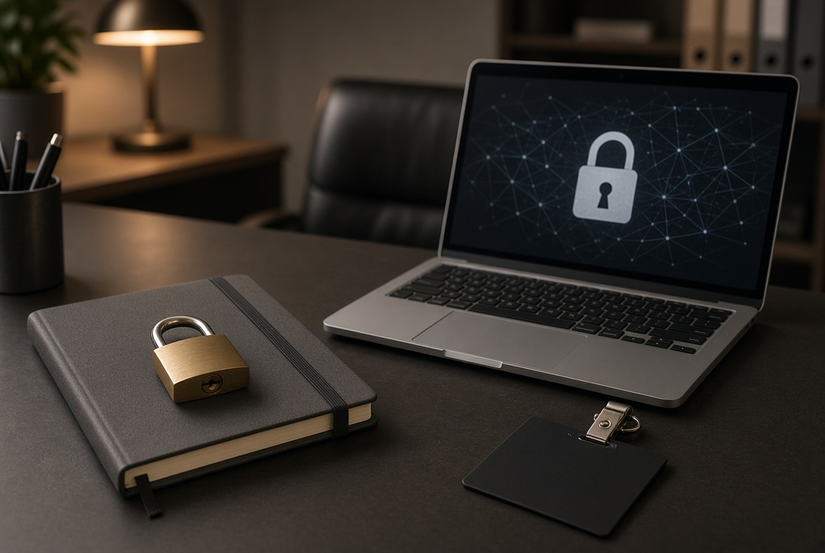 Office desk with a lock, access badge, and laptop showing a security symbol