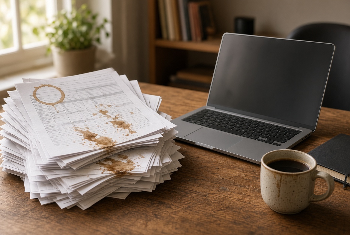 Stack of stained spreadsheet printouts next to a laptop