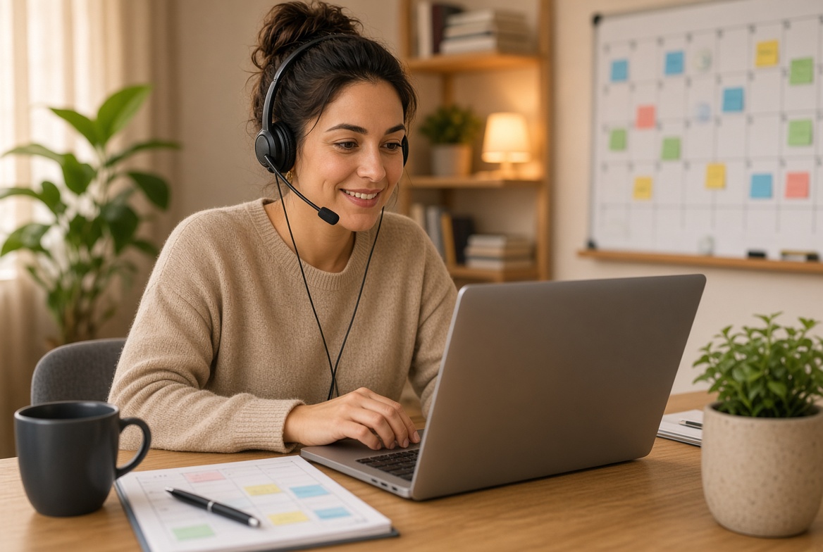 Customer success manager on a headset working at a laptop